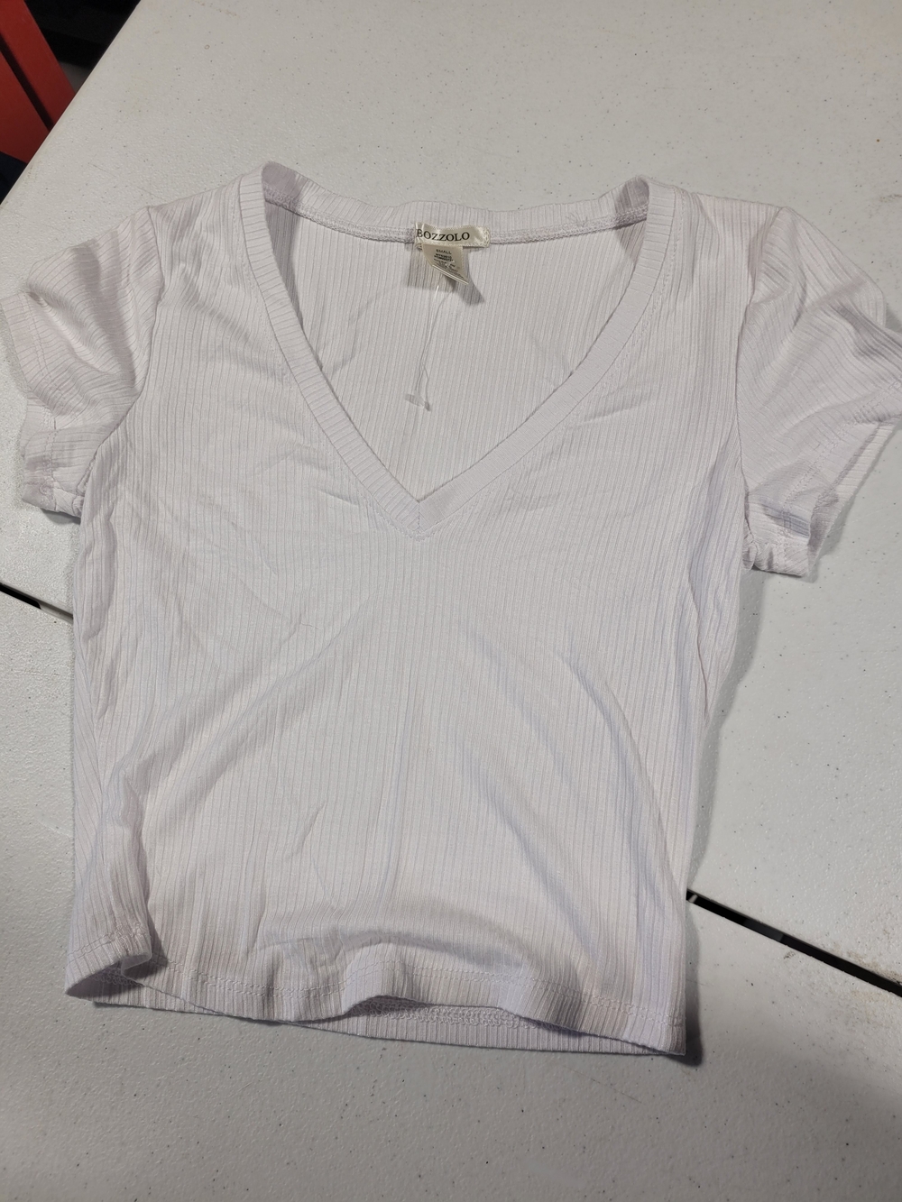 Bozzolo White Ribbed V-Neck Short Sleeve Tee